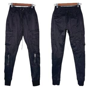 PRSTGE Paris | Men | Solid Black Satin Slim Stretch Street Cargo Joggers | Small